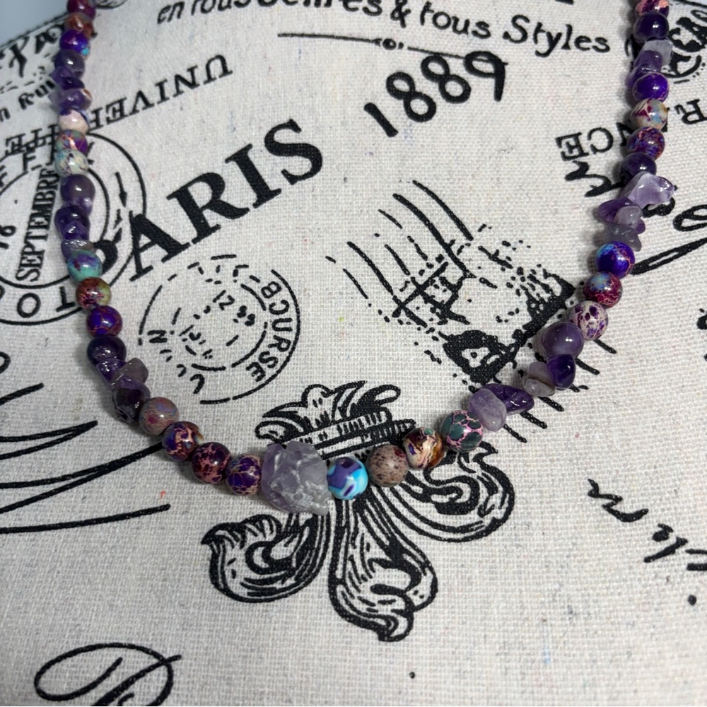 Handmade Amethyst & Imperial Jasper Beaded Stone Necklace - Picture 2 of 4